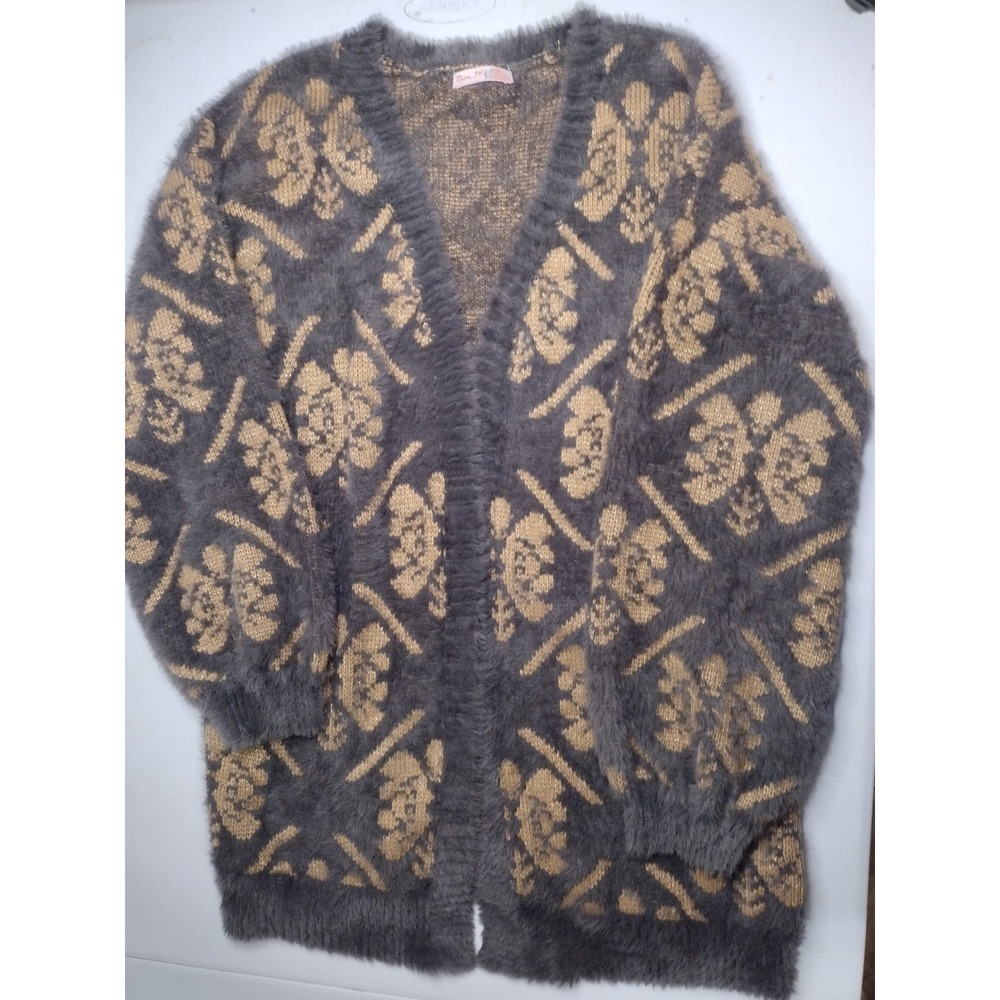 Room 34 Womens Grey Gold Floral Fuzzy Eyelash Knit Open Front‎ Cardigan Size L
